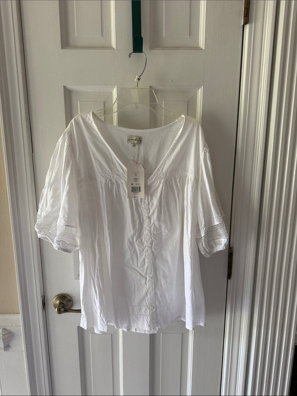 Wonderly White Peasant Blouse with Lace Trim